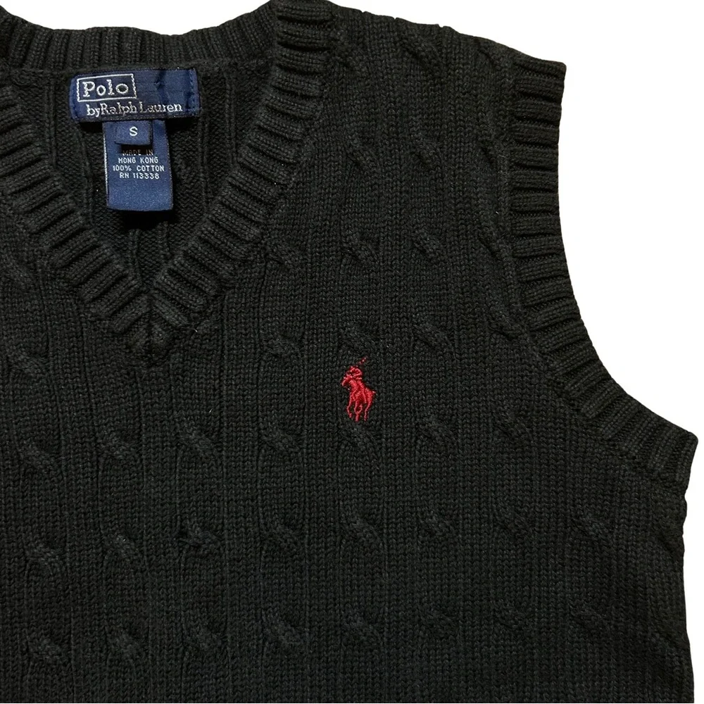 Polo by Ralph Lauren Men's Black Cable-Knit Cotton Sweater Vest - Picture 2 of 4